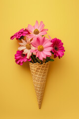 Bouquet of pink flowers in an ice cream cone on yellow background. Minimal. concept.