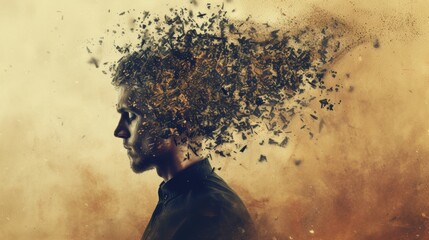 Mans Silhouette Disintegrating Into Particles Against a Moody Brown Background - obrazy, fototapety, plakaty