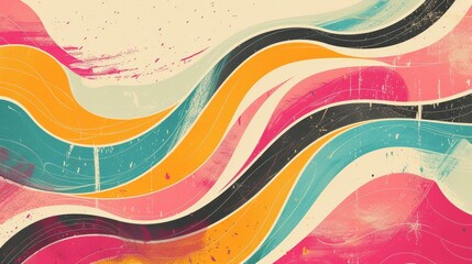 Obraz premium Abstract Painting With Wavy Lines in Pink, Blue, Yellow, and Green