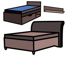 Simple handdrawn vector illustrations set: furniture icons collection - living room or children room, comfortable bed and other useful furniture