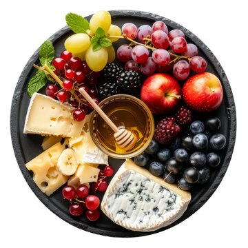Cheese plate. Brie cheese served with fruits and honey on gray plate.isolated on transparent background With clipping path.3d render