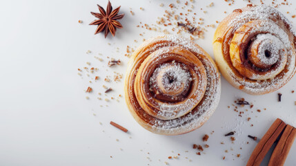 Fototapeta na wymiar Top view of freshly baked cinnamon buns rolls with sugar and flour. Aesthetic food advertising concept. Generative AI