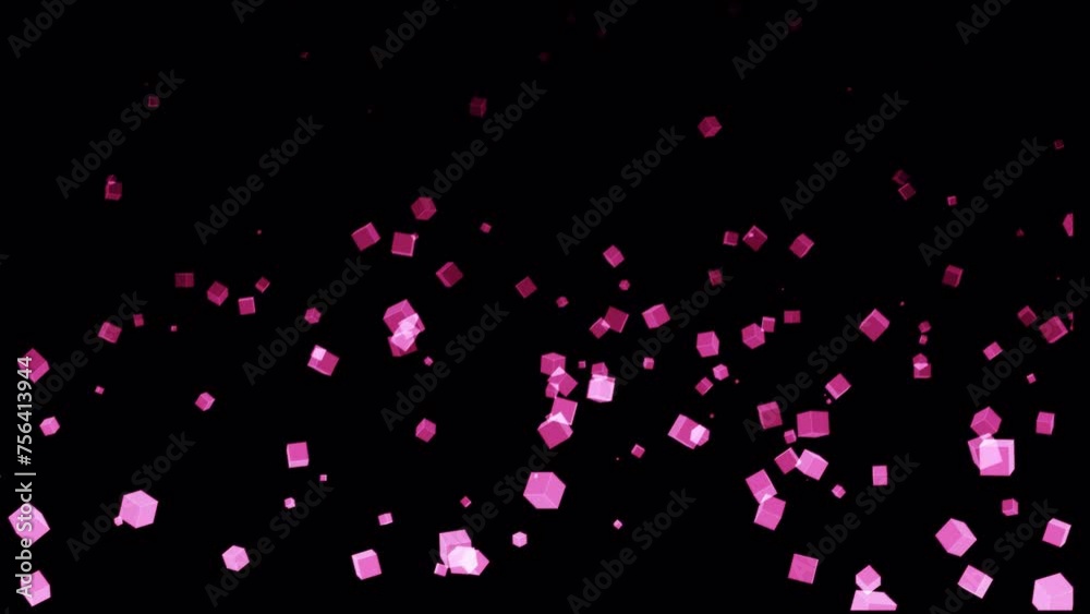 Wall mural loop animation flow up glow pink boxs particles on black abstract background. isolated alpha channel