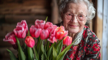 An elderly lady with pink tulips smiles warmly, holding a bright bouquet in her hands, Mother's Day.