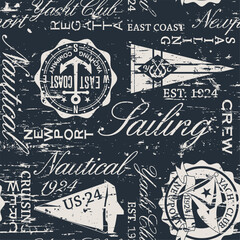 East coast nautical sailing badges and typography elements wallpaper vector seamless pattern for fabric print tablecloth pillow grunge effect in separate layers - 756413953