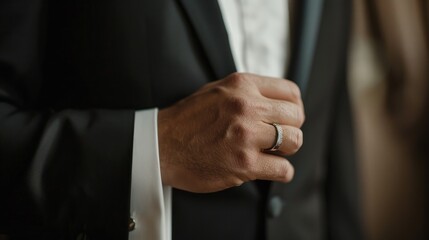 Groom's hand with wedding ring over formal attire.