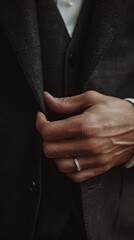 Groom's hand with wedding ring over formal attire.