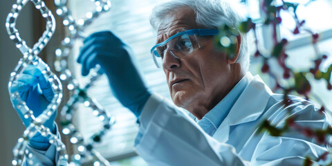 An attentive researcher examines a DNA model closely amidst a similarly themed background, symbolizing biotechnological advancement