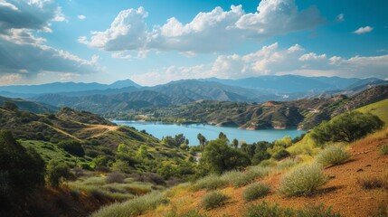 Naklejka premium Majestic View of Snow-Capped Mountains Surrounding a Serene Lake