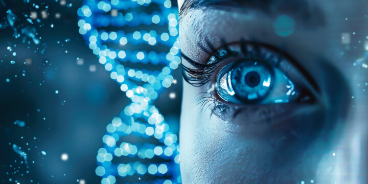 Extremely detailed image showcasing a human eye overlaid with a digital DNA structure, symbolizing vision and genetic insight - Powered by Adobe