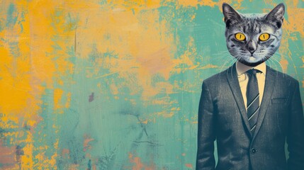 Cat in Suit and Tie Standing in Front of Wall