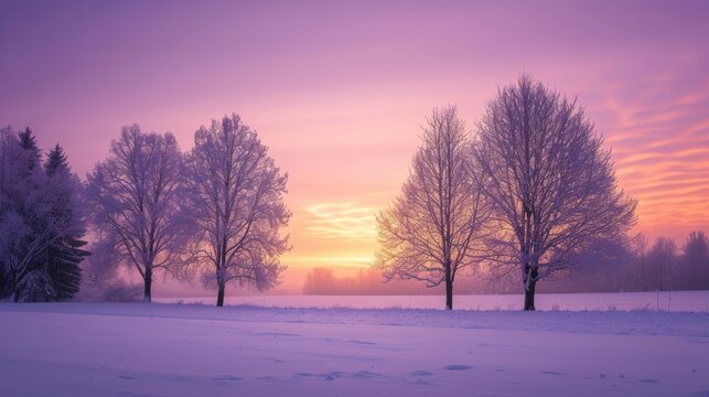 Serene Winter Sunset Over a Snow-Covered Landscape With Silhouetted Trees