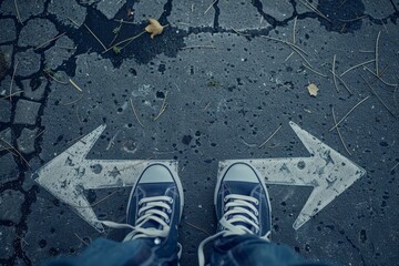 Sneaker shoes and arrows pointing in different directions on asphalt ground, choice concept