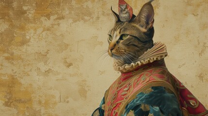 Majestic Tabby Cat Dressed as a Nobleman Posing Against a Textured Backdrop - obrazy, fototapety, plakaty