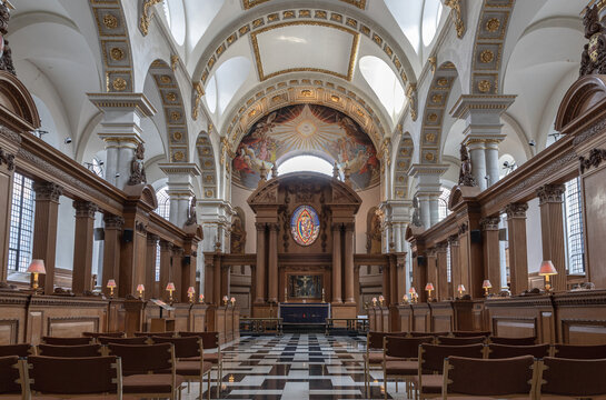 London, UK - Feb 27, 2024 - Interior view of St Bride's Church. The Cathedral of Fleet St, Space for text, Selective focus.
