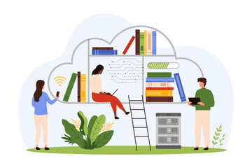 Digital library for education, training courses with AI technology. Tiny people learning with laptops inside cloud with circuit, students reading science books online cartoon vector illustration