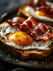 American style breakfast, freshly grilled bacon, sunny side egg, egg, grilled sandwich, open sandwich