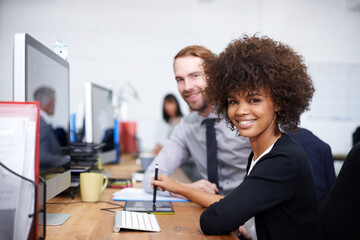 Smile, monitor and portrait of employees in office with confidence for research, planning or...