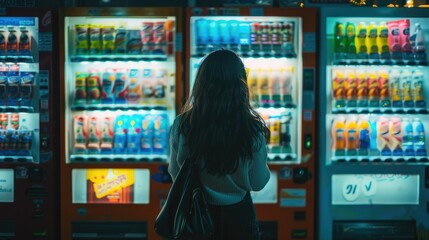 "Nighttime Elegance: Woman Posing by Digital Vending Machine"