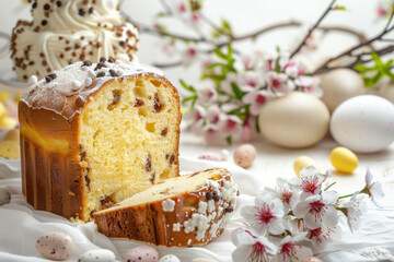 Obraz na płótnie Canvas Sliced Traditional Easter Cake with Icing and Chocolate Chips, Spring Flowers Decor.