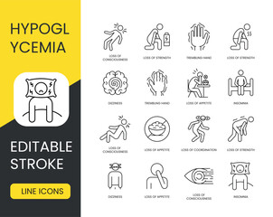 Diabetes symptom hypoglycemia, vector line icon set with editable stroke, loss of attention, diversion of attention, deficit and scatter and dispersion of attention, forgetfulness - obrazy, fototapety, plakaty