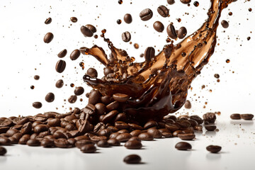 A burst of coffee beans mid-air, almost tangible in the energetic splash against a stark white backdrop.
 - obrazy, fototapety, plakaty