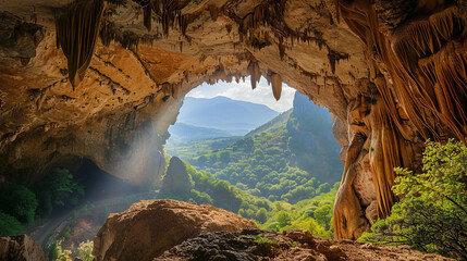 Beautiful cave with mountain view.  - obrazy, fototapety, plakaty