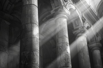 Stone Column of Pillars and Light in black and white - obrazy, fototapety, plakaty