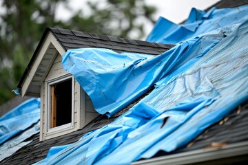 Storm damaged roof on house with a protective blue plastic tarp spread over hole in the shingles and rooftop - obrazy, fototapety, plakaty
