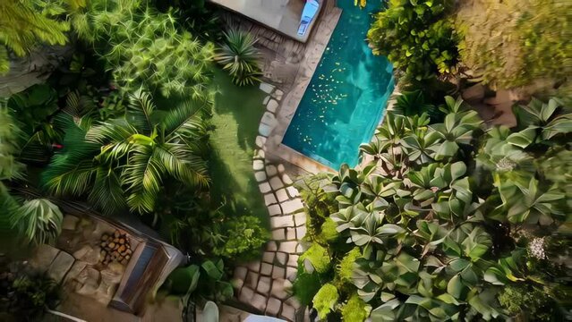 Swimming pool in luxury villa garden. Top view of swimming pool in luxury villa.