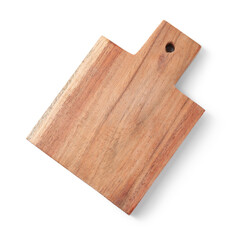 One wooden cutting board on white background, top view