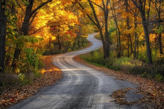 Sunlight through autumn foliage on trees highlighting gold, green, yellow and orange colors over winding country road surrounded by leaves on the ground in rural midwestern