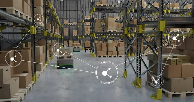 Animation of network of connections with icons over machines working in warehouse