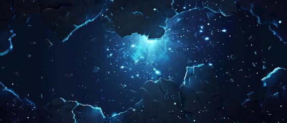Illustration of abstract light cracks on ground. Blue holes glowing on black background with mist and sparkling particles in air. Demolition effect with magic energy. - obrazy, fototapety, plakaty