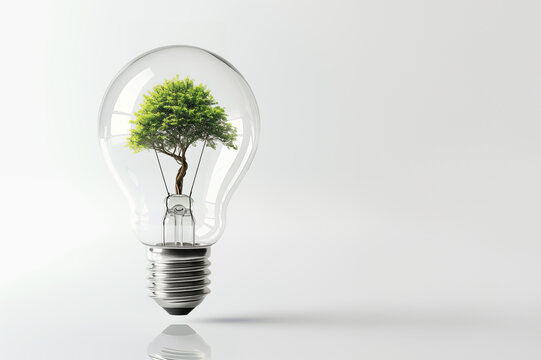 Photorealistic light bulb with green tree inside standing vertically on a table. Ecological, green energy, climate change, smart farming concept. White background with copy space.