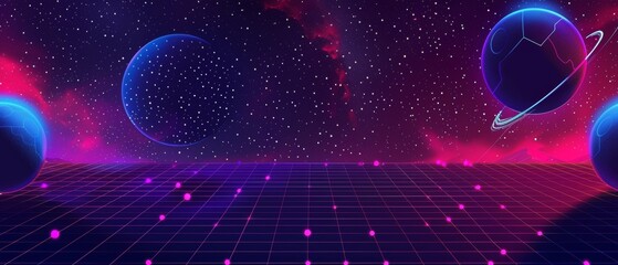 In this space poster design template, the acid grid pattern is paired with a neon blue color sticker for a futuristic feel. Modern set of 2000s aesthetic banners with their alien world and twinkles.