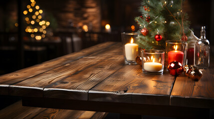 Naklejka na ściany i meble Decorated branches of Christmas tree on wooden table. Copy space, New Year holidays theme.