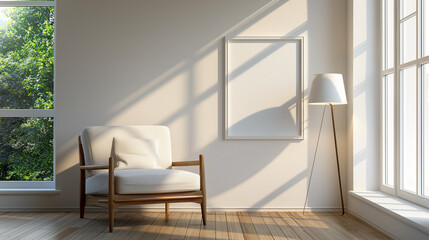 a cozy armchair in the corner of a living room with large windows. a floor lamp stands next to the armchair and casts a warm light into the room. it's great summer weather outside with bright sunshine