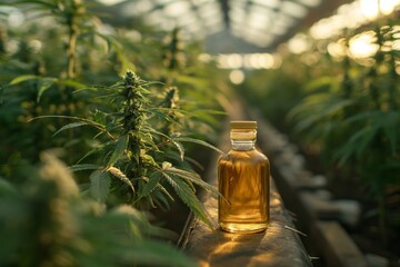 A bottle of cannabis oil is centered amidst a cannabis cultivation setup with lighting above