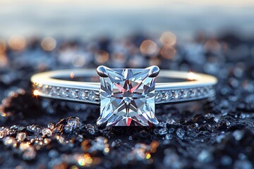 A classic red white engagement ring with a large square diamond close-up stands in the black sand