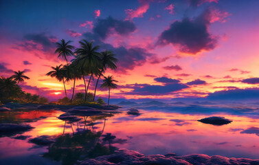 Sunset paints the sky in hues of pink and blue over a tranquil sea - 756417393