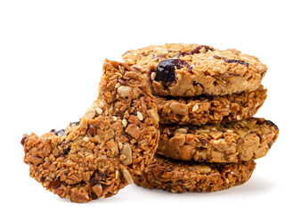 Granola cookies with a bitten off piece on a white background. Isolated