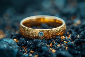Obraz na płótnie Canvas Engagement ring close up. Ring made of yellow gold, on black sand.