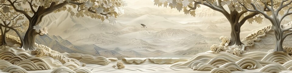 Tranquil scene with intricate scroll paper designs, leaving room for your caption.