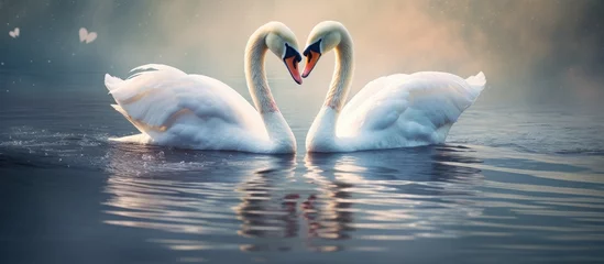 Keuken foto achterwand Two swans are gracefully creating a heart shape with their necks in the liquid of a peaceful lake, showcasing their beautiful feathers and bringing happiness to the natural landscape © AkuAku