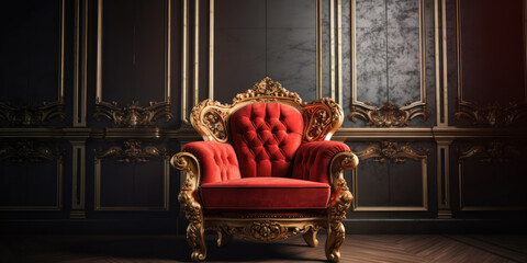 Luxury Royal red velvet and gold armchair in classic interior. Posh Red and Golden Chair in Black Living Room