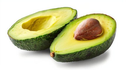 One green avocado cut in half isolated on a white background without shadows, with a clear outline.