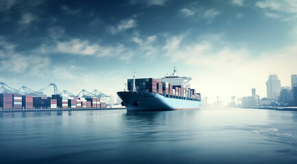 Obraz premium large cargo ship loaded with containers, docked at a port with cranes and a cityscape in the background. The scene is set against an overcast sky