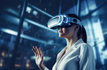 woman wearing a virtual reality headset is looking at a computer screen. Concept of immersion and excitement, as the woman is fully engaged in the virtual world