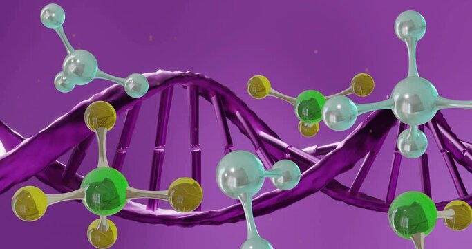 Animation of floating molecules over dna strand